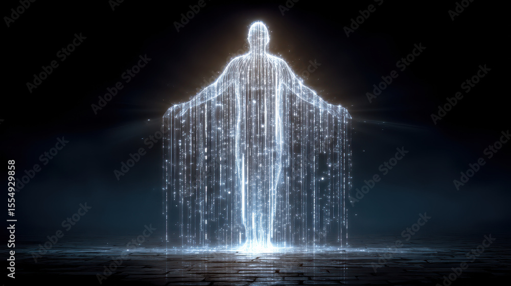 Poster human figure entangled within a glowing binary cage illustrating digital isolation and surveillance 