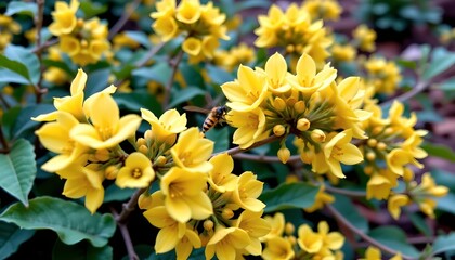 Fototapeta premium the image features a close up shot of vibrant yellow flowers and green leaves, seemingly in full bloom and shedding pollen, an insect is perched atop one of the flowering branches