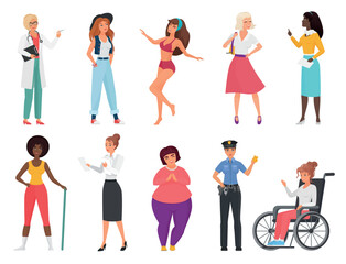 Obraz premium Different woman vector illustration set. Cartoon flat international female characters collection with professional lady wearing uniform, girls worker staff of various professions in work or vacation