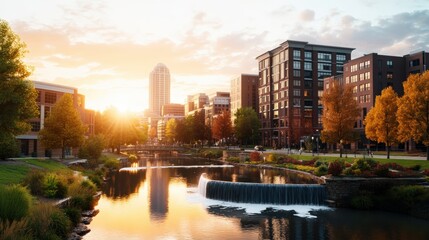 Fototapeta premium Vibrant cityscape du golden sunset with modern buildings trees and flowing water in the park