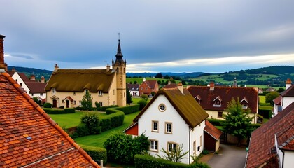 Obraz premium the image shows a scenic view of a small village or hamlet during what appears to be either sunrise or sunset, given the warm hues in the sky