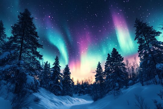 Winter wonderland under a vibrant aurora borealis. Snowy forest path, glowing with vibrant colors