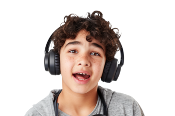 Portrait of a teenage boy of mixed ethnicity reacting with laughter to a funny message on his phone, headphones around his neck. Isolated on a seamless white background. Great for youth, tech, and lif
