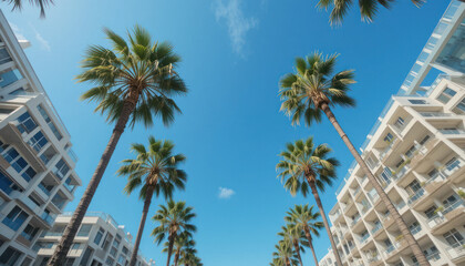 Palm trees line a street with modern buildings against a bright blue sky.