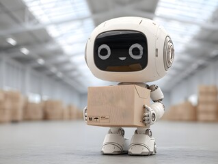 A cute white delivery robot holding a small box rolls through a blurred modern setting. delivery robot efficiently navigating a city street, transporting a package to its destination.