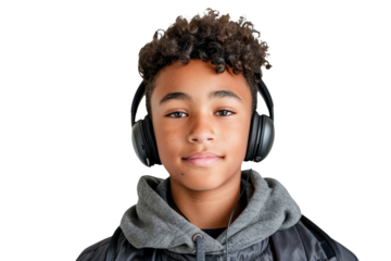 Portrait of a teenage boy of mixed ethnicity reacting with laughter to a funny message on his phone, headphones around his neck. Isolated on a seamless white background. Great for youth, tech, and lif