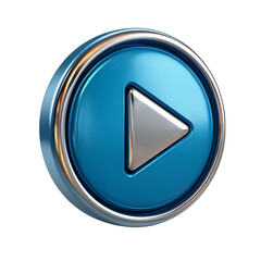 Shiny blue play button with metallic silver trim on black background