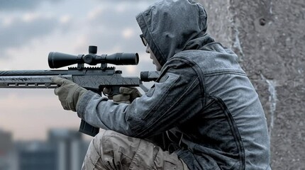 A sniper perched on a rooftop aims his rifle