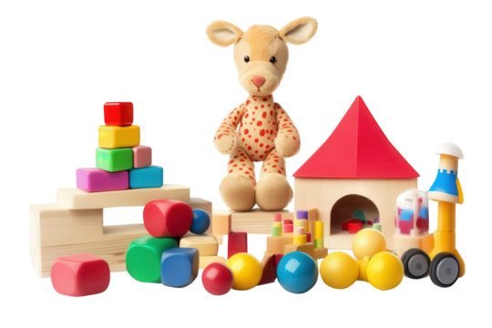Colorful assortment of children's toys including blocks, a plush animal, and a playhouse on a transparent background ideal for educational materials or marketing - Powered by Adobe