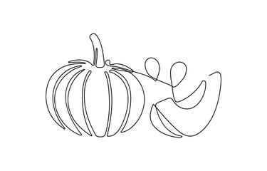 One continuous single-line drawing of a pumpkin sign. Food fruit silhouette in simple minimal linear style,  Simple outline silhouette for Halloween concept art.