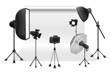 Modern photography studio setup with camera, lighting, softboxes, umbrella, and backdrop ideal for commercial shoots, portraits, and creative projects isolated on white background vector illustration