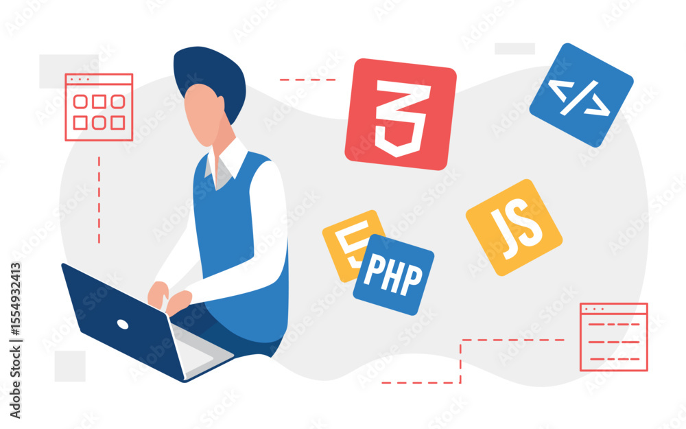 Aufkleber People developer create code, programming web language with icons vector illustration. Cartoon programmer engineer coder man character working, creating website application process isolated on white