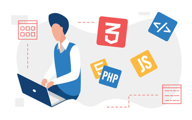 People developer create code, programming web language with icons vector illustration. Cartoon programmer engineer coder man character working, creating website application process isolated on white