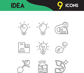 Creative Idea Icon Vector Set for Innovation and Brainstorming, mind, thinking, solution, imagination.