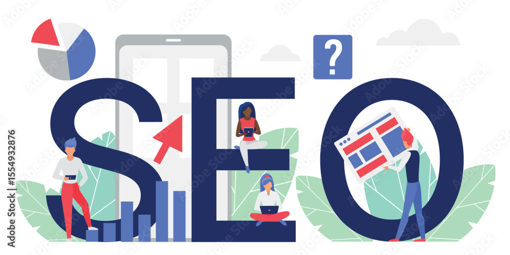 Aufkleber seo word concept vector illustration. cartoon flat people analysts working on laptop or tablet, anal