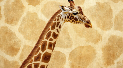 Close-up of a tall giraffe with long neck and distinct spotted pattern on background of illuminated savannah