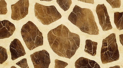 Close-up of giraffe skin pattern showing irregular brown patches separated by beige lines with detailed texture and colors