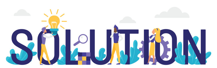 Solution word concept vector illustration. Cartoon flat business people standing next to big solution lettering, businessman holding lightbulb conceptual symbol of new idea startup isolated on white