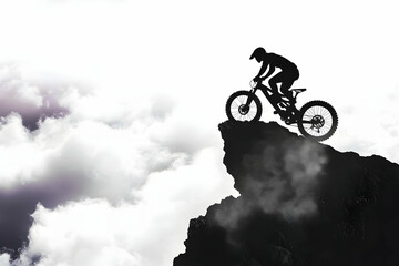 Mountain biker silhouette on cliff edge against cloudy sky.