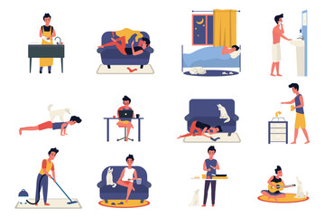 Young man daily routine activity vector illustration. Cartoon active guy character doing everyday sport exercise with dog, dinner cooking, working in home office, sleeping at night isolated on white