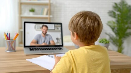 A child student takes a virtual lesson via video call during a remote elearning semester - Powered by Adobe