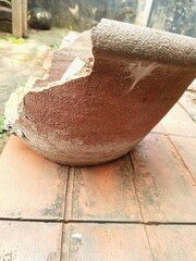 Broken Earthenware Pot Surrounded by Green Foliage on Tiled Surface
 