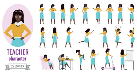 Teacher woman poses vector illustration set. Cartoon female teacher or office worker character or standing at whiteboard flipchart, gesturing, working on lecture presentation isolated on white