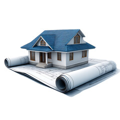 Modern house design rests upon architectural blueprints and rolled plans