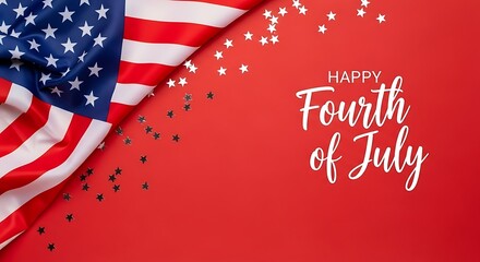 Red Background American Flag Fourth of July Silver Stars Happy Fourth of July Text USA flag stars and stripes