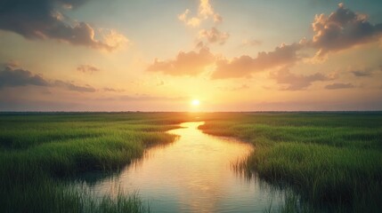 Obraz premium Serene sunset over a tranquil marsh waterway.