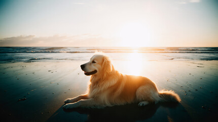 Dog lying on the beach at sunset. Focus on the dog.