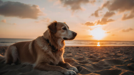 Dog lying on the beach at sunset. Focus on the dog.