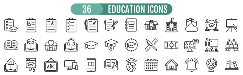 Set of 36 Education and Learning web icons in line style. School, university, textbook, learning. Vector illustration.