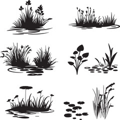 Collection of Simple black vector silhouettes of ponds in a clean, minimalist design.