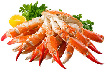 Steamed crab legs with fresh parsley and lemon arranged on a transparent background, showcasing exquisite detail and vibrant color ideal for culinary presentations or seafood delicacies