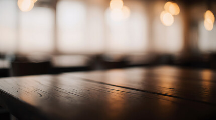 Empty wood table in front of blurred background. Perspective house and window - can be used for display or montage your products.Mock up for display of product.