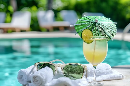 Cocktail with lime and sunglasses on the background of the swimming pool