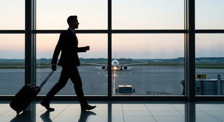 Fototapeta premium Traveler rushing to catch a flight at airport. Man walking briskly with rolling luggage at airport with plane outside window. 
