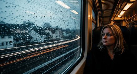 Woman looking out rainy train window at night.
Moody scene of a woman reflecting while riding a train on a rainy night.
