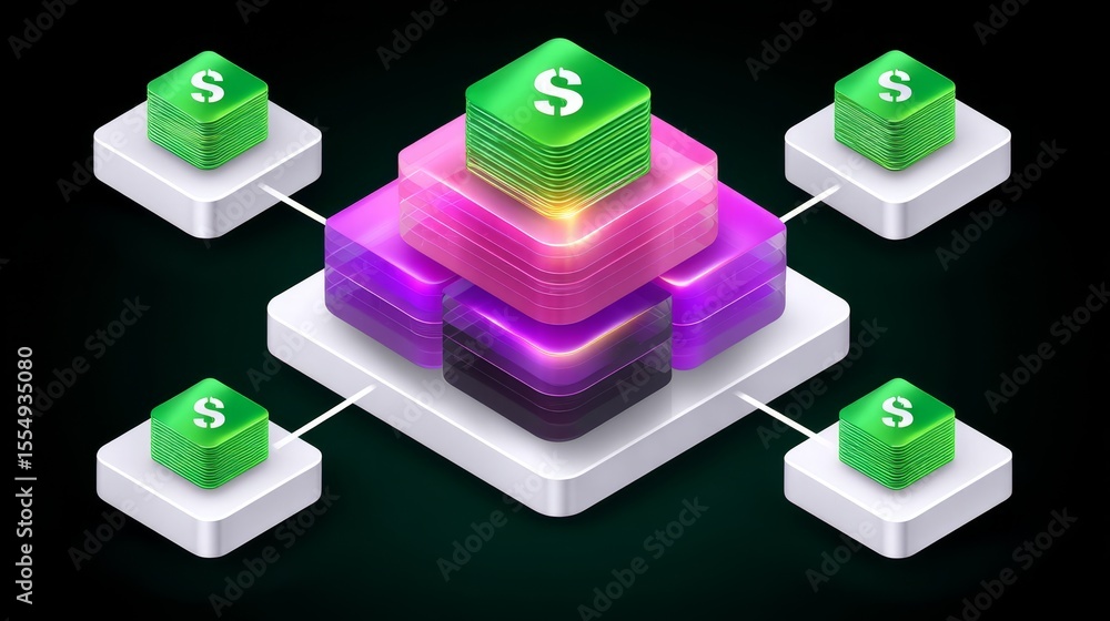 Poster global financial security network concept illustrated with digital currency and blockchain elements