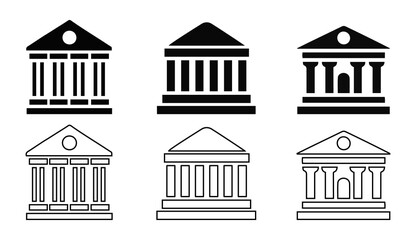 Government Building and Courthouse Icon Set and outline illustration.