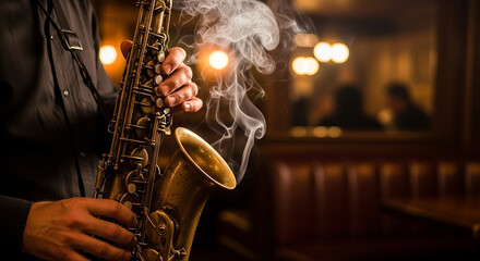 Obraz premium Saxophone Player in a Smoky Jazz Club. A musician plays the saxophone in a dimly lit, atmospheric jazz club, with smoke swirling around the instrument. A concept for live music and nightlife. 