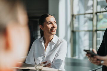 A cheerful businesswoman in a white shirt enjoys a conversation in a bright office kitchen,...