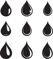 Collection of minimalist water drop silhouettes in black vector style.