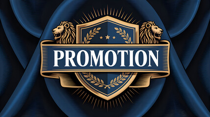 Decorative promotion banner with lion motifs and blue fabric background  