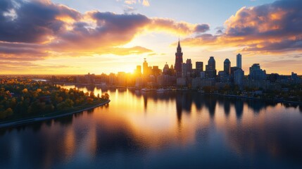 Stunning cityscape view of a modern skyline at sunset over a river with colorful sky reflecting on water