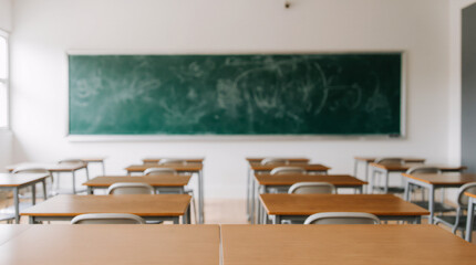 Back to School Concept. Empty classroom with chairs, desks and chalkboard.