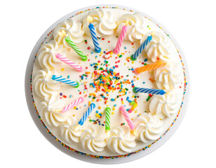 Top View of Colorful Birthday Cake with Candles and Sprinkles, isolated on transparent background. 