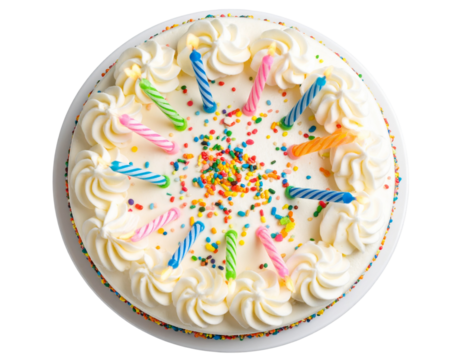 Top View of Colorful Birthday Cake with Candles and Sprinkles, isolated on transparent background. 