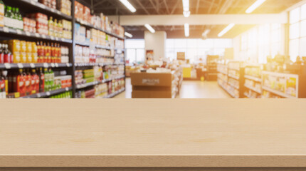 empty  wooden board empty table in front of blurred background. Perspective light wood over blur in supermarket. mock up used for display or montage your products. Wood floor and Supermarket blur.